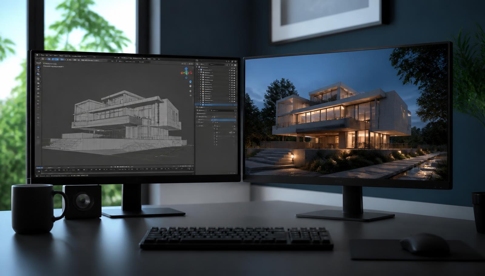 Dual-monitor 3D workspace showing an architectural Blender model and a photorealistic render