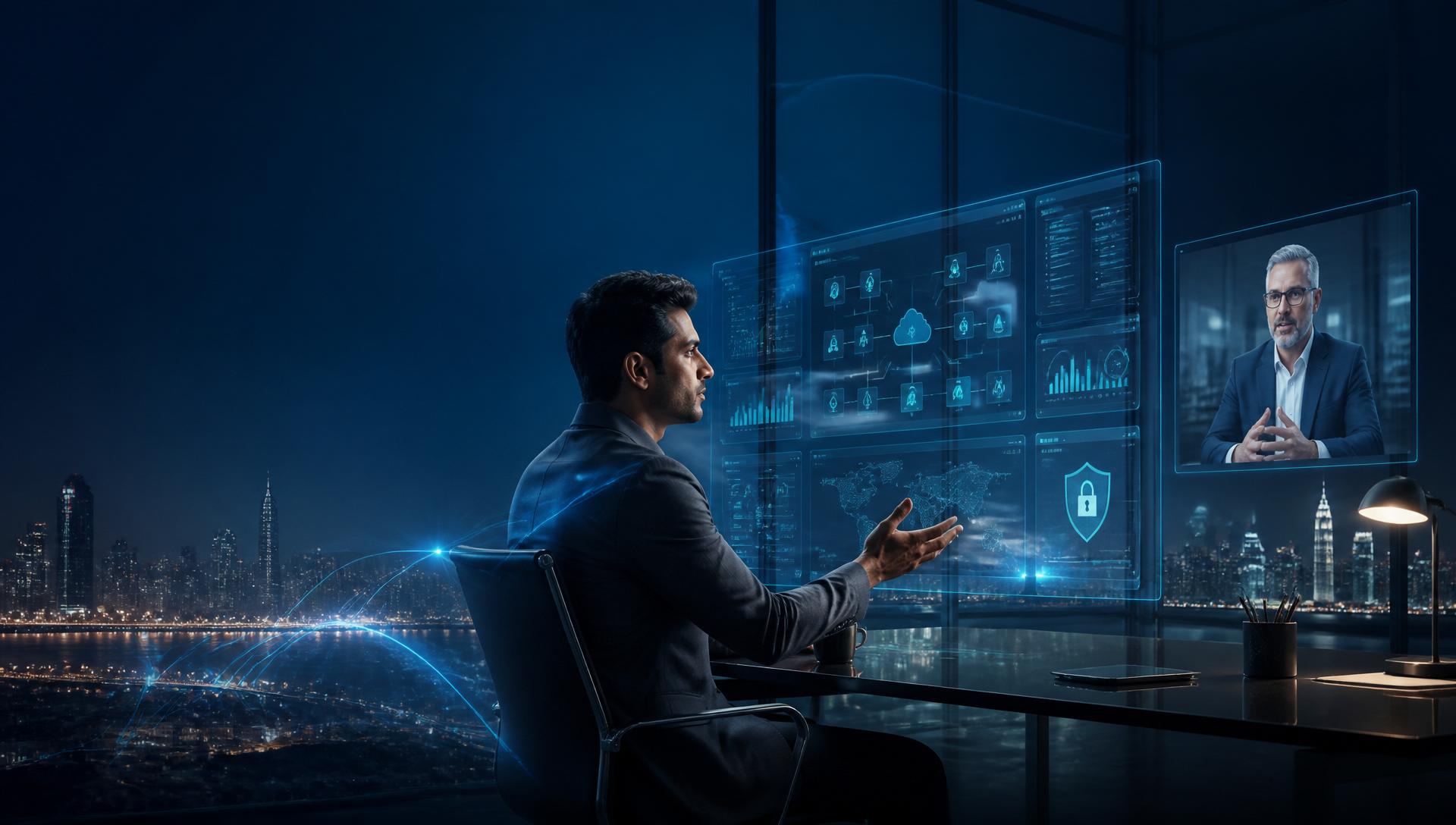 Indian software architect collaborating with a German executive on AWS cloud architecture dashboards, connecting Mumbai and Frankfurt through global data streams