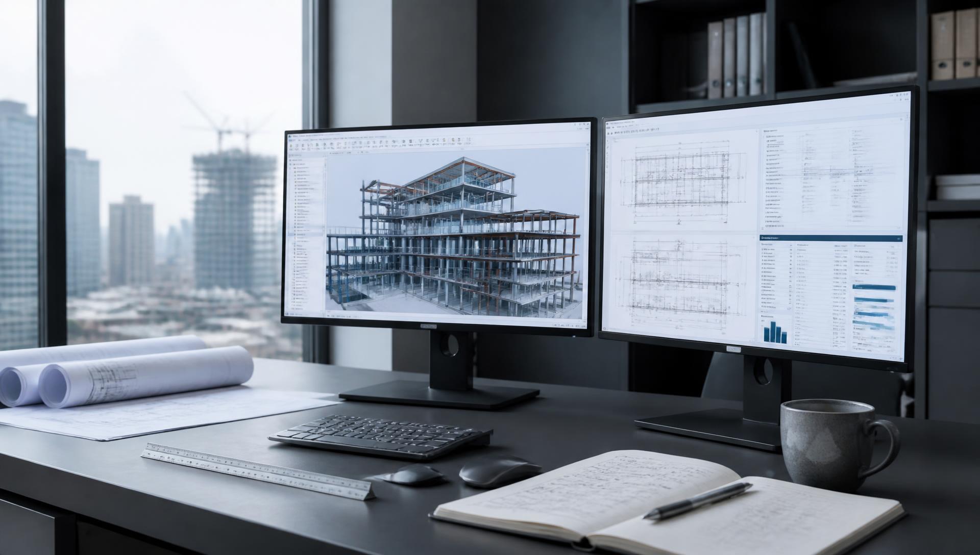 Dual-monitor civil engineering workspace showing a 3D BIM model and technical drawings