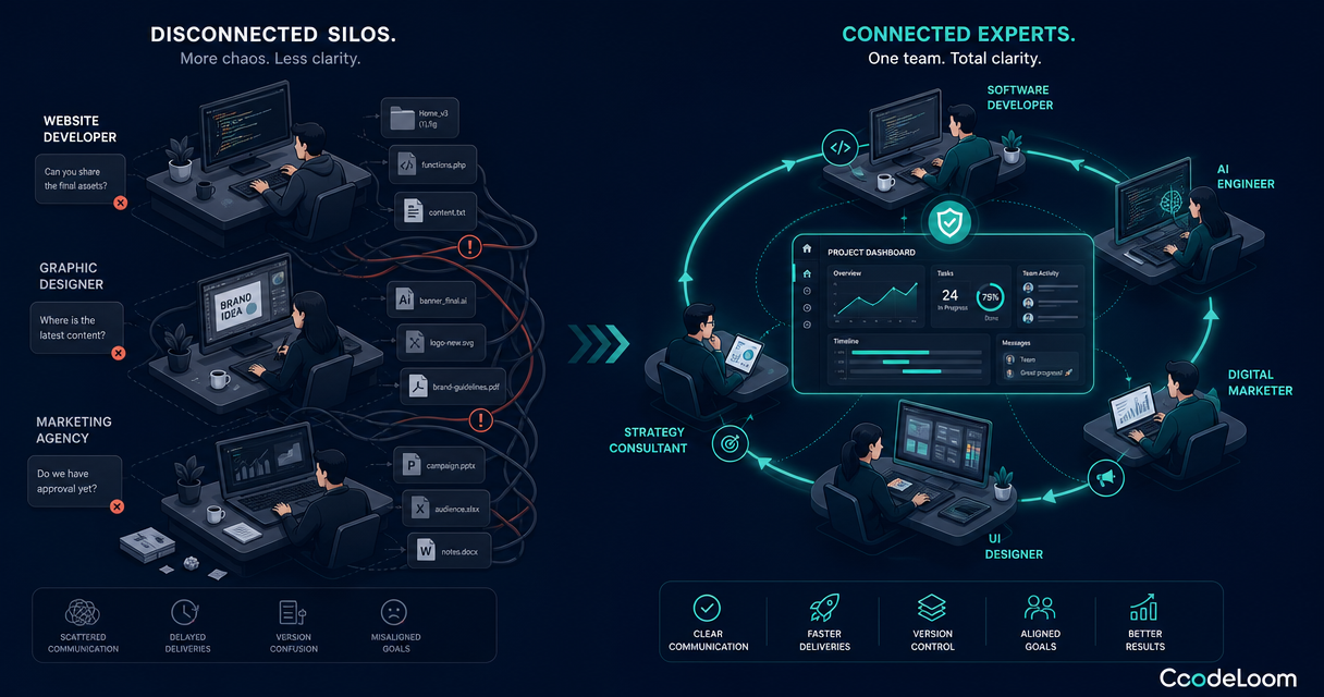 Illustration comparing three disconnected agencies working in silos on the left with one integrated CoodeLoom expert team connected through a single workflow on the right