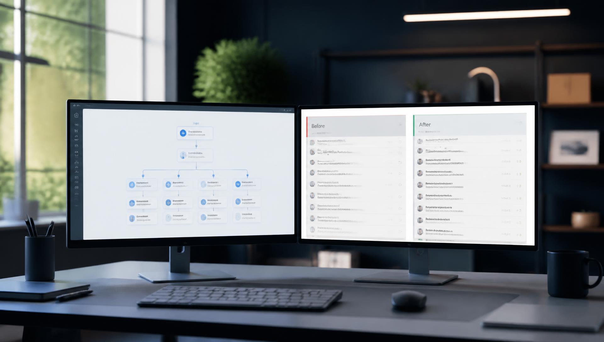 Two monitors showing an AI conversation flow and a before/after lead inbox comparison on a minimal desk