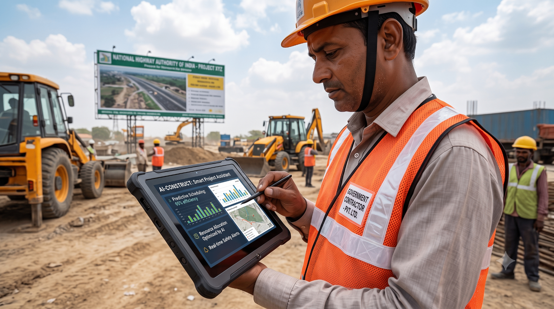 Indian government contractor using an AI-powered construction management dashboard on-site to monitor infrastructure projects, illustrating digital transformation, automation, and smart project execution.