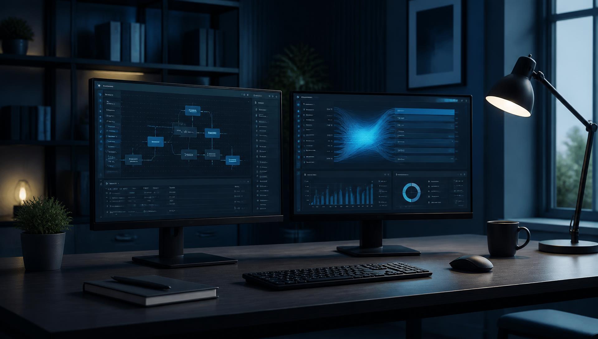 Modern AI automation workspace with dual monitors showing workflow dashboards and blue data flows on a clean charcoal desk