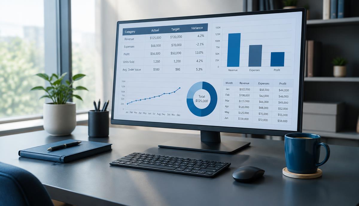 Clean business workspace with a monitor showing a simple metrics dashboard
