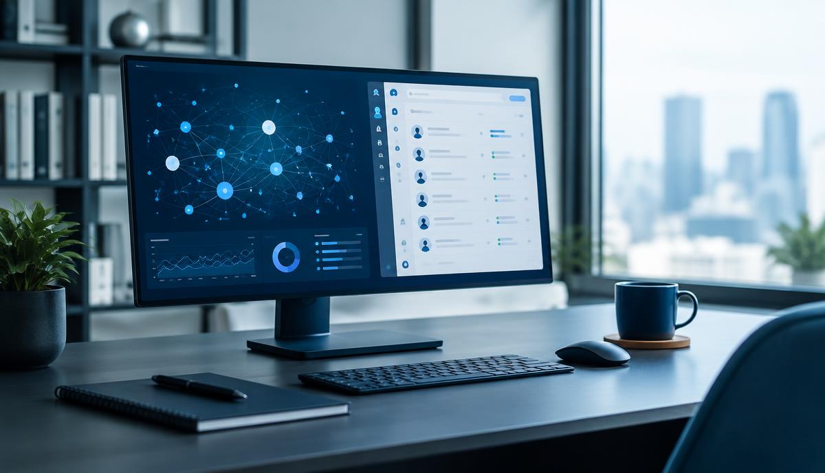Professional marketing workspace with a monitor showing customer data relationships and a CRM-style interface