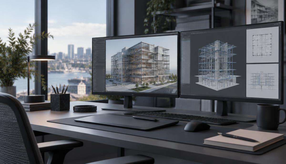 Dual-monitor 3D modelling workspace showing coordinated architectural and structural model views