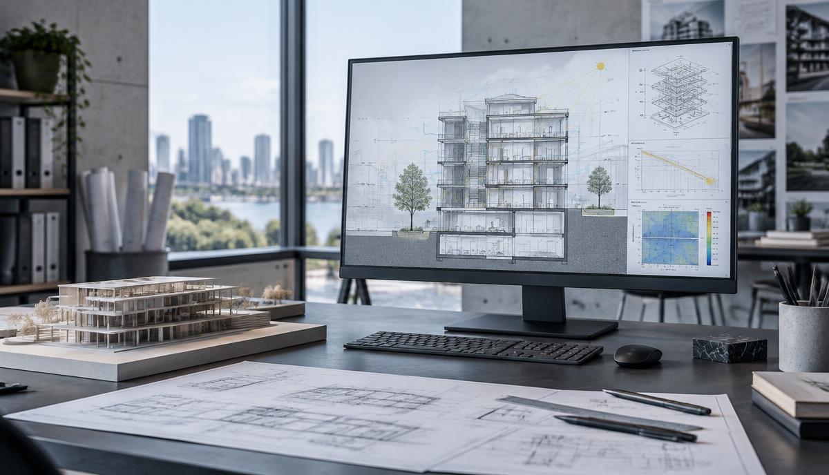 Civil engineering workspace with a building section on screen beside a physical massing model and drawings