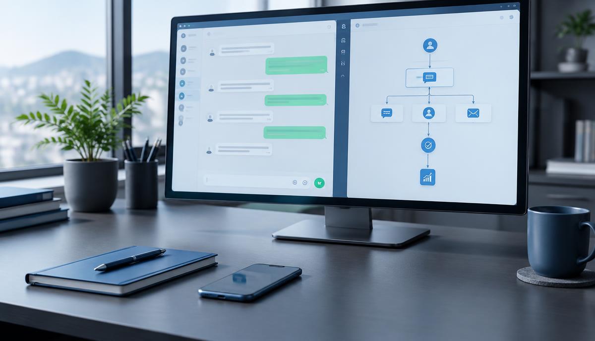 Professional workspace showing a WhatsApp-style conversation flow and lead journey diagram on a monitor
